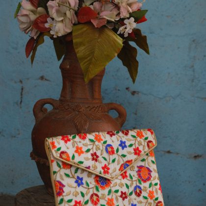 White Floral Gujarat Zari Craft Clutches