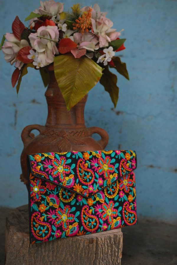 Black Flora Gujarat Zari Craft Clutches