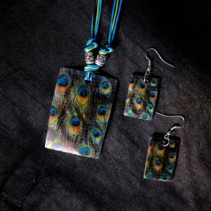 Square Red Peacock Pattern Print Goa Shellcraft Necklace Sets